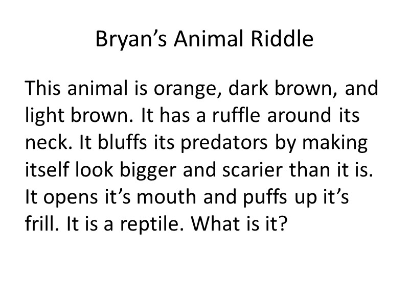 Bryan’s Animal Riddle This animal is orange, dark brown, and light brown. It has